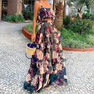 Floral Skirt Set long skirt thin strap Top